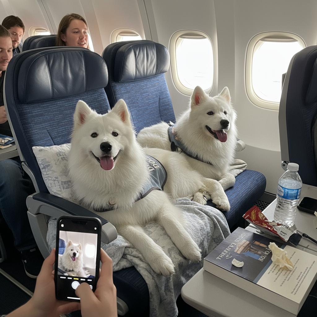 Service dog sitting next to owner in airplane cabin
